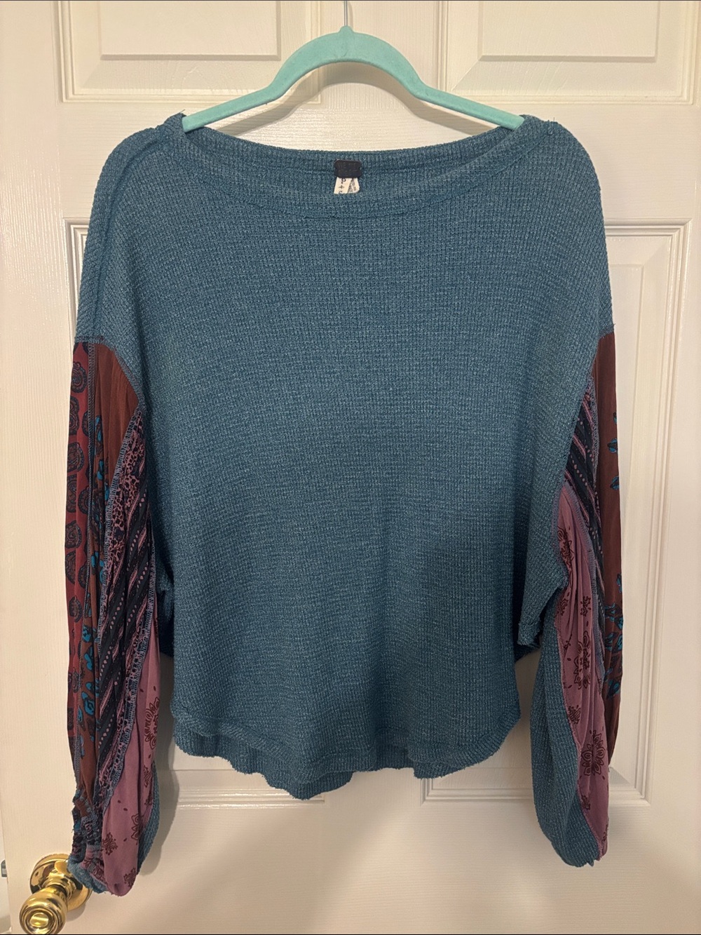 Free People We The Free Teal Knit Top with Printed Balloon Sleeves Small